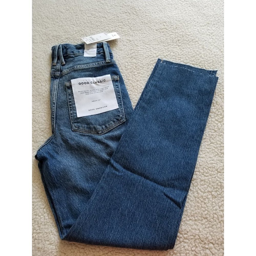 Good American Good Classic Skinnyish Fit Raw Hem Blue Hi-Rise Jeans Sz 00/24